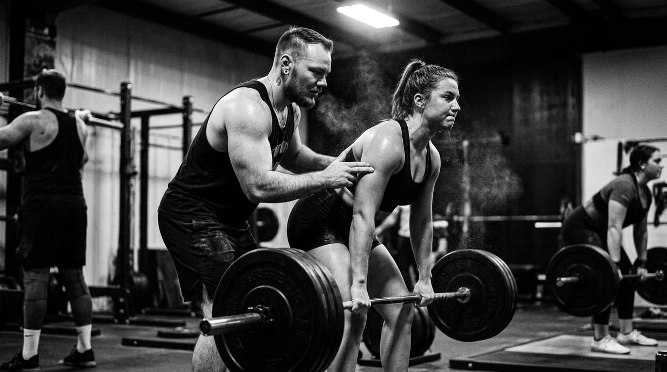 Jon Dailey coaching an athlete during a barbell deadlift session