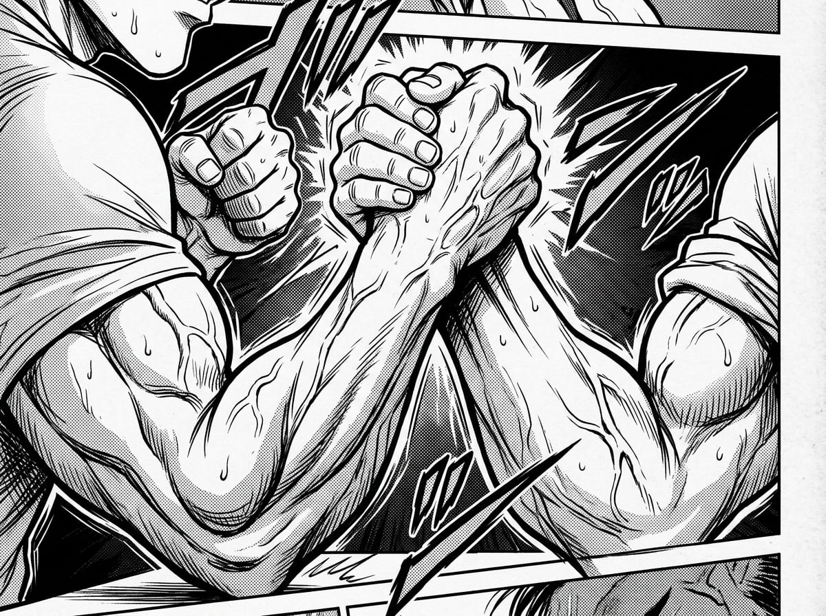 Japanese manga panel illustration of intense arm wrestling match